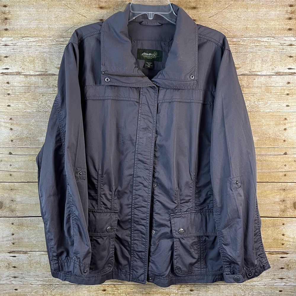 Eddie Bauer Women’s Lightweight Grey Utility Jacket Snaps Zipper EUC Size XXL